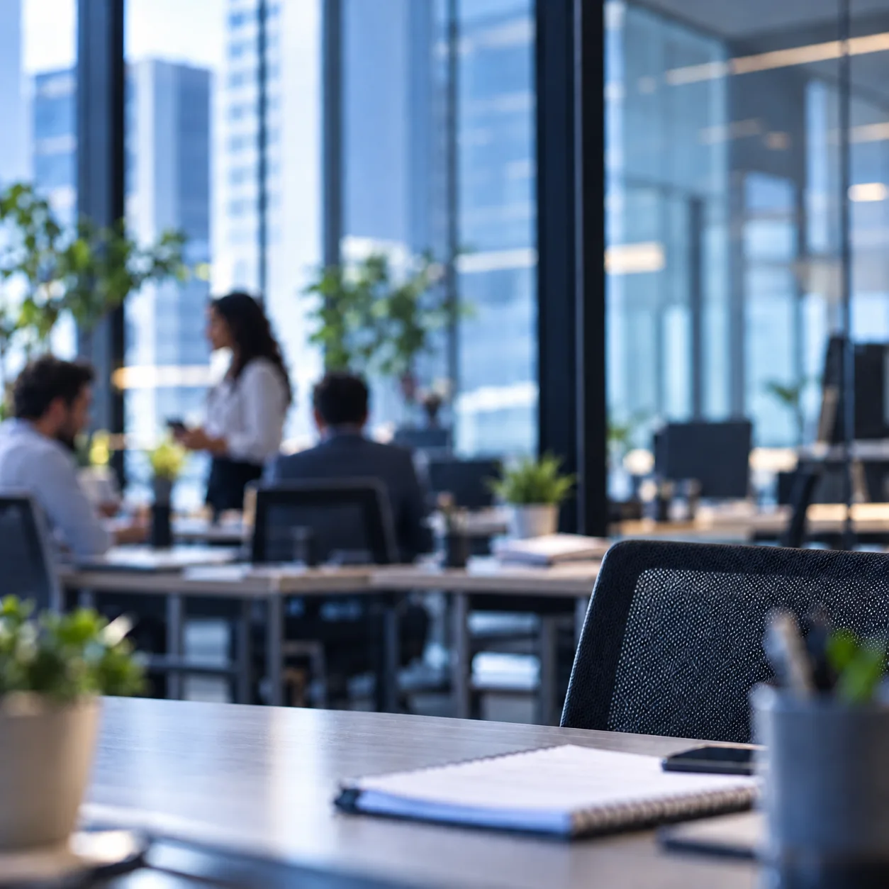Escritório moderno com mesa em primeiro plano e equipe em reunião ao fundo, com vista para prédios