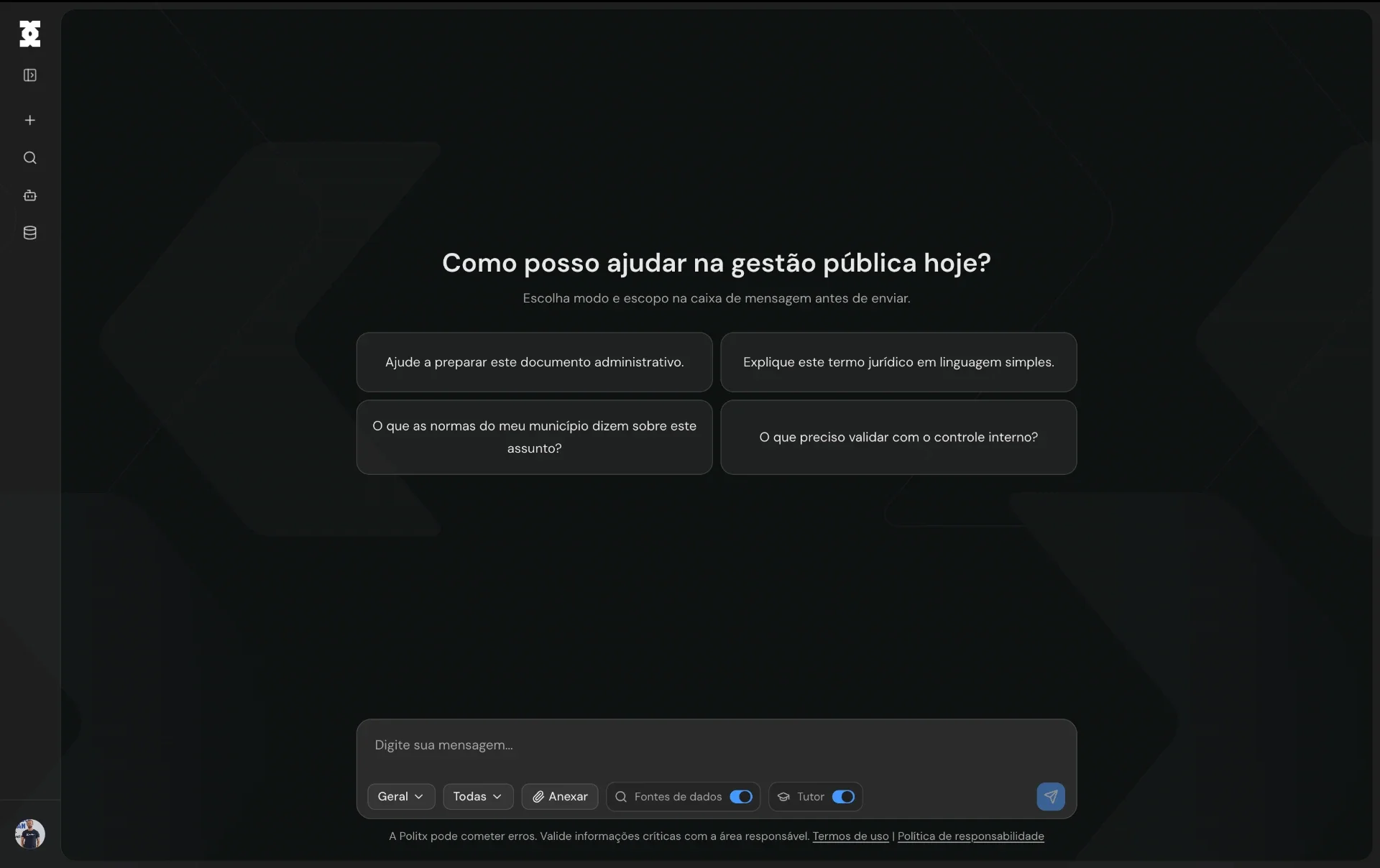 Tela inicial do PolitxAI com a pergunta “Como posso ajudar na gestão pública hoje?”, sugestões de perguntas e caixa de mensagem